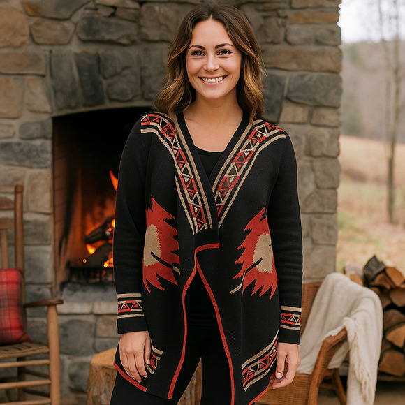 Hooked Up by IOT Sweater Women MEDIUM Cardigan Black Aztec Southwestern Boho - Picture 1 of 14